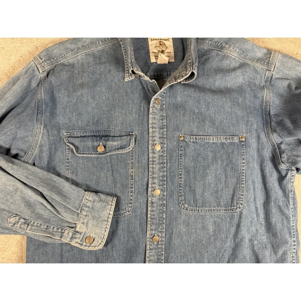Vtg 80s Banana Republic Safari Denim Guide Shirt Men L Travel Adventure